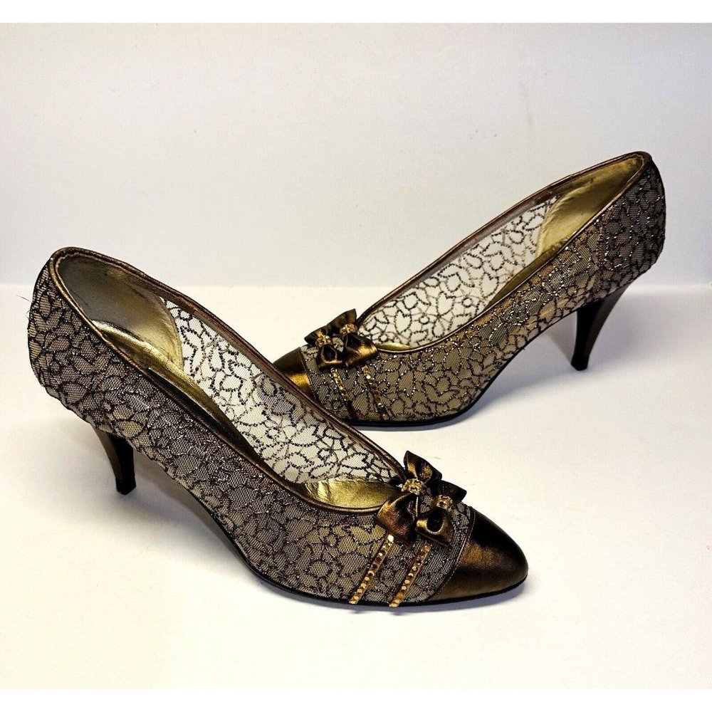 STUART WEITZMAN Womens Heels Shoes Size 6B Brown Guipure Lace Beaded Bow - Picture 2 of 13